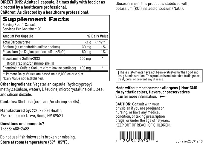 Klaire Labs SFI Health Glucosamine Chondroitin - A Popular Combination for Joint Support Soy &amp Dairy-Free (90 Capsules)