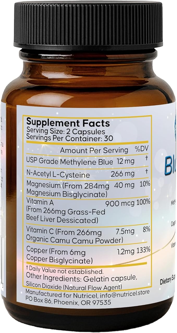 Nutricel Supplements Blue Immune 60 Capsules - Optimum Nootropic with USP Grade Methylene Blue Grass Fed Beef Liver Copper Magnesium Vitamin A E and C