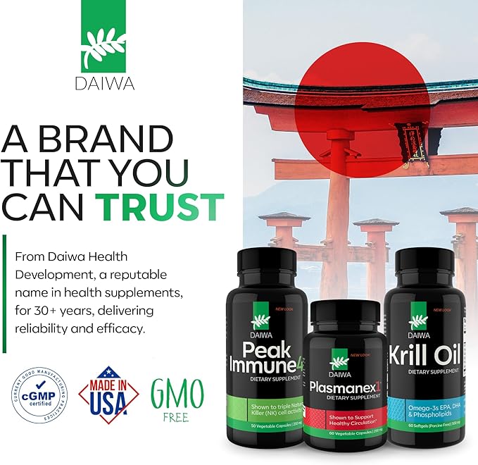 Daiwa Peak Immune 4 - Natural Immune System Booster + Plasmanex 1 – Blood Circulation Supplement + Krill Oil – Omega 3 Krill Oil Capsules