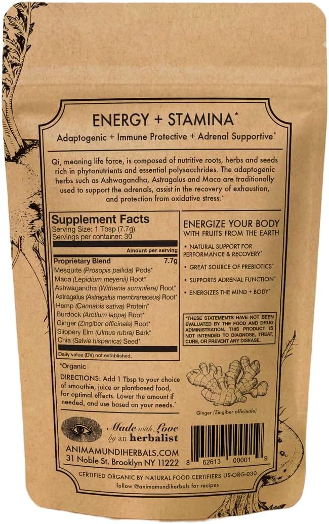 Anima Mundi Apothecary Qi Energy &amp Protein Superfood Powder - Adaptogenic Adrenal Support Supplement with Ashwagandha &amp Slippery Elm - Mood &amp Energy Support Supplement &amp Protein Powder
