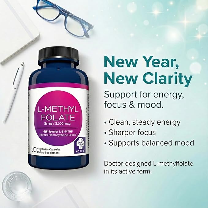 MD Life L-Methylfolate 5mg - Professional-Grade Active Methylfolate Supplement - Maximum Potency MTHFR Supplements - L methylfolate 5mg 90 Capsules - Essential Amino Acids