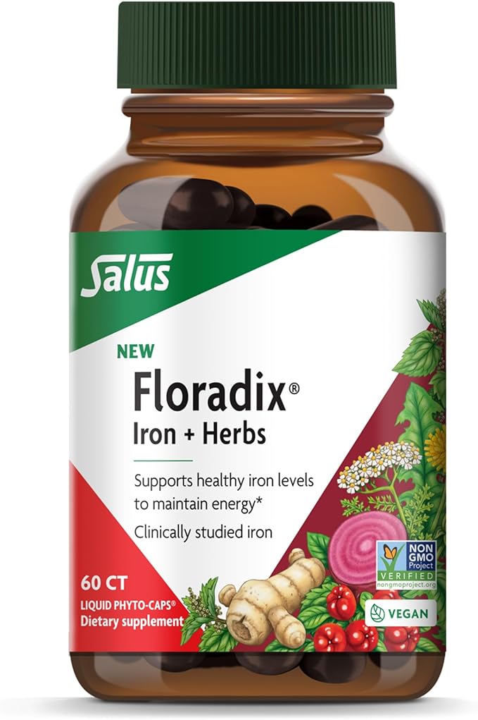 Floradix Iron + Herbs - Iron Supplement for Healthy Energy Support* - Supports Red Blood Cell Formation - Vegan Non-GMO Gluten-Free Soy-Free - 60 Liquid Phyto-Caps
