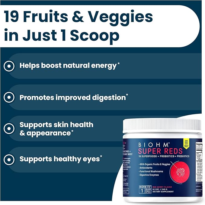 BIOHM Super Reds Beet Root Powder Antioxidant Smoothie Mix with Tart Cherry Extract and 19 Red Whole Foods Packed with Prebiotics and Probiotics Non-GMO Red Berry Flavor 30 Servings