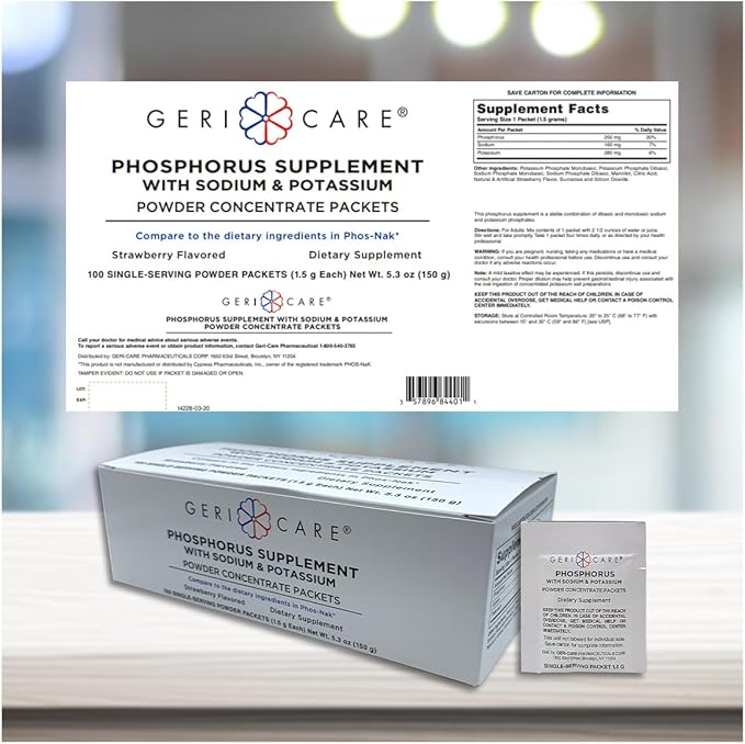 GeriCare Phosphorus Supplement Powder Packets Strawberry Flavor Supports Bone Strength &amp Energy Metabolism Nerve and Muscle Support Electrolyte Mineral Supplement 1.5g Each Packet (Box of 10