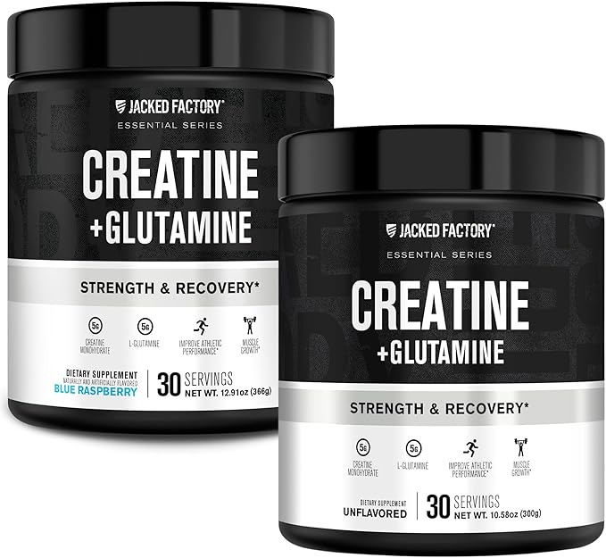 Jacked Factory Creatine + Glutamine - Creatine Supplement with L-Glutamine for Muscle Recovery Muscle Growth Increased Strength (30 Servings Unflavored &amp 30 Servings Blue Raspberry)