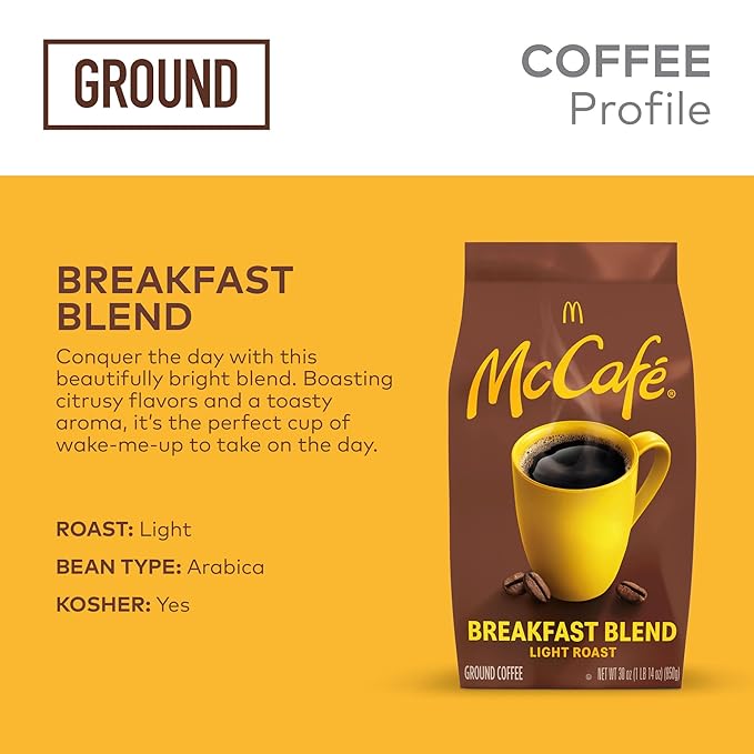 McCafe Breakfast Blend Ground Coffee Light Roast Citrus Flavor Notes Premium Quality Responsibly Sourced Kosher Certified 30oz. Bag