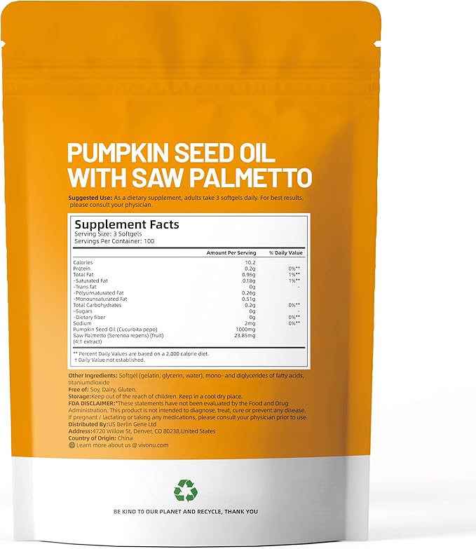 VivoNu Pumpkin Seed Oil with Saw Palmetto Capsules |Cold Pressed Pure Virgin OilEssential Fatty Acids &amp Phytosterols |300 SoftgelsSupports HairUrinaryBladder&ampProstate Health|Non-GMO