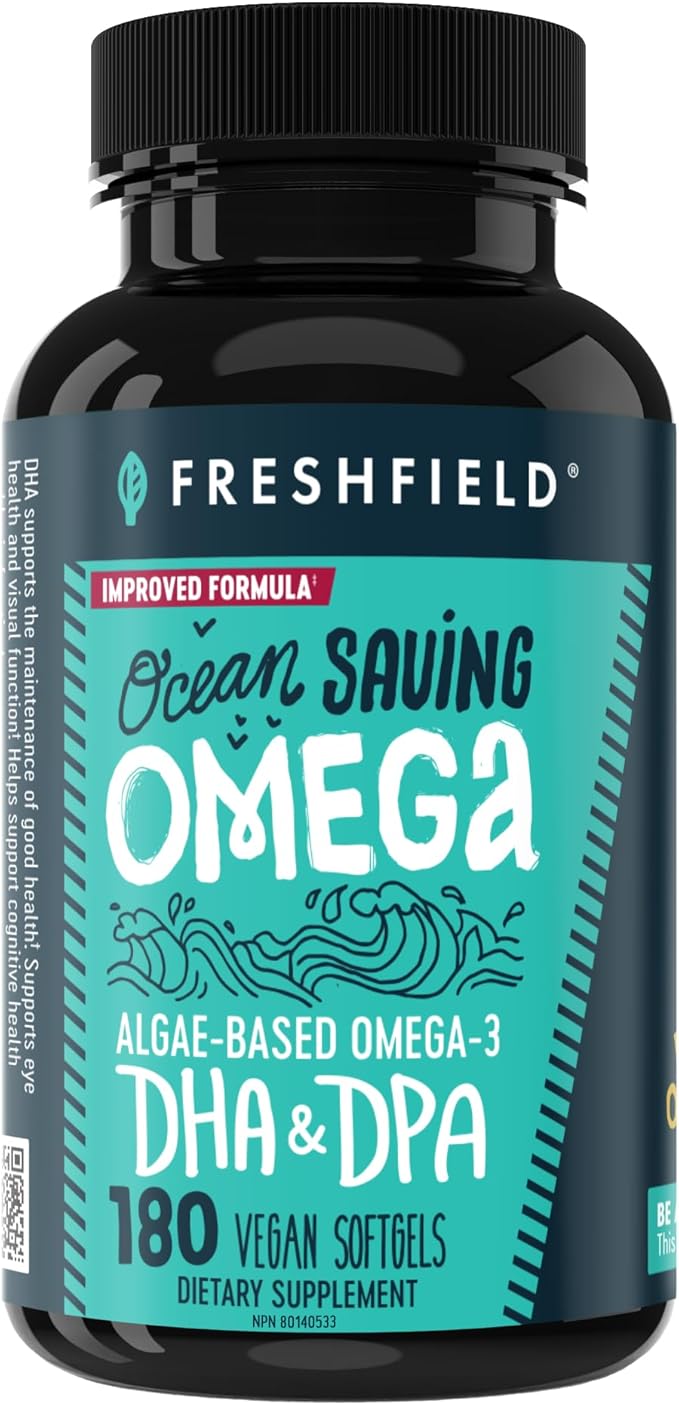 Freshfield Omega 3 DHA Supplements Potent 1 per Day Formula Algae (Algal) Oil Vegan Omega Ocean Saving Fish Oil Alt Sustainable Concentrated DHA per Capsule w/DPA