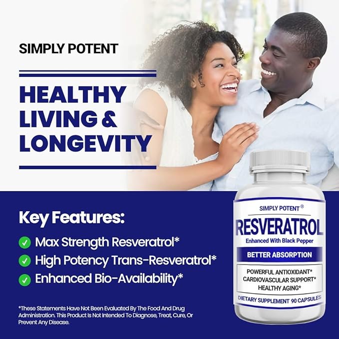 Simply Potent Resveratrol 1000mg Supplement with Black Pepper for Max Absorption Antioxidant &amp Anti-Aging Pills for Heart Immune &amp Skin Health 90 Capsules