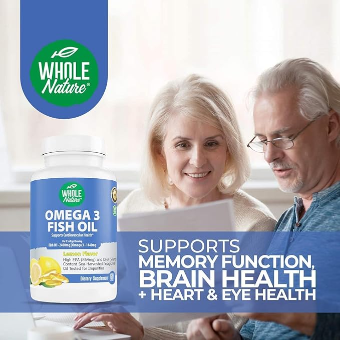 Omega 3 Fish Oil Supplements Maximum Strength 2400 mg Omega-3 1440mg Fish Oil EPA and DHA Fatty Acids Heart Brain &amp Immune Support for Women and Men. Natural Lemon Flavor 120ct (2)
