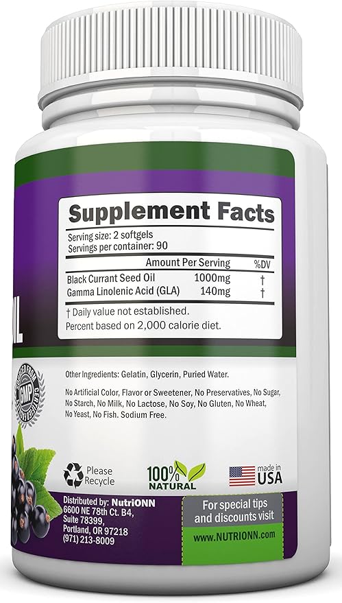Black Currant Oil - 1000 Mg - 180 Softgels - Cold-Pressed Pure Black Currant Seed Oil - Hexane Free - 140mg GLA Per Serving - Regulates Hormonal Balance - Great For Immune System Hair and Skin