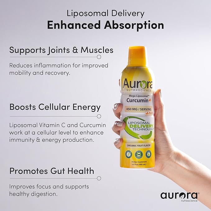 Aurora Nutrascience Mega-Liposomal Curcumin+ Vitamin C with CurcuVail Supports Healthy Joints Muscles GI Tract and Brain Organic Non-GMO 450mg per Serving 16 fl oz
