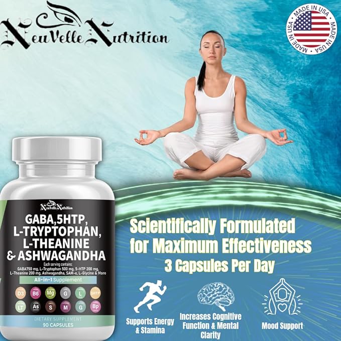 GABA Pills with 5-HTP Extract L-Tryptophan L-Theanine Ashwagandha Vitamins D3 B6 Magnesium L-Tyrosine L-Glycine Sam-e &amp Black Pepper Mood Support Supplement