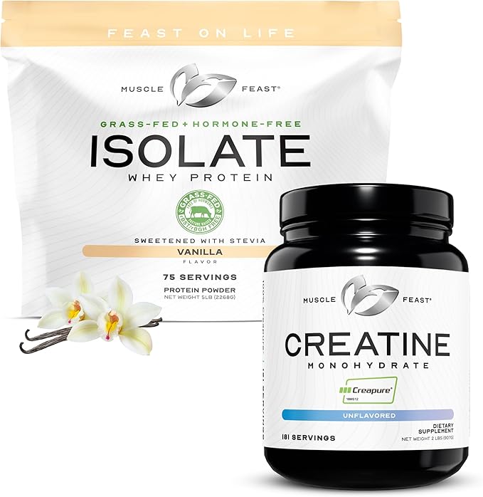 Muscle Feast Creatine Monohydrate &amp Grass-Fed Whey Isolate Bundle – 2lb Creatine + 5lb Vanilla Whey Isolate – Clean Muscle Growth &amp Recovery Support