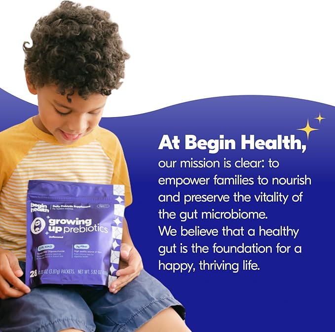 Begin Health Growing Up Prebiotics for Kids 84-Packs | Prebiotic Soluble Powder Stool Softeners and Digestive Gut Health Supplement | Ideal to Mix with Kids Daily Beverages and Soft Foods - Unflavored