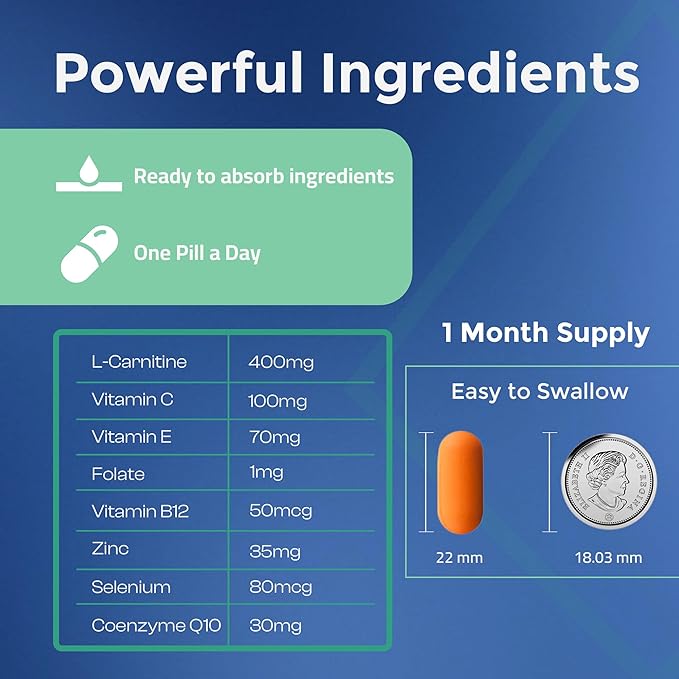 Medfertil for Men Natural Dietary Supplement for Men with Carnitine Co-Q10 Selenium Zinc Vitamin C E B12 B9 (30 Tablets)