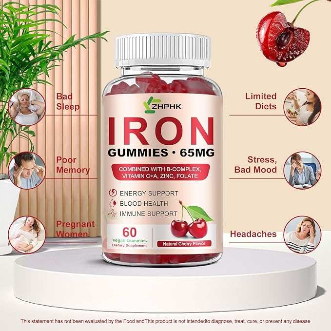 Iron Supplement for Women Men &amp Kids Iron 65mg &amp Vitamin C 250mg per Serving with B6 B12 Folate- Energy Support for Iron Deficiency Anemia Vegan Gummy Cherry Flavor 60 Count