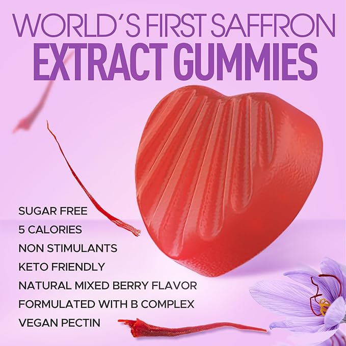 Saffron Supplements Gummies 100mg - 100% Pure Saffron Extract With Magnesium Glycinate L-Theanine Turmeric Ashwagandha Honey &amp Vitamin B Complex for Mood &amp Power Antioxidant Vitality - 1