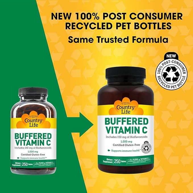 Country Life Buffered Vitamin C 1000mg with Bioflavonoids Calcium Magnesium Potassium - Immune Support Vegan Capsules Gluten-Free Gentle on Stomach - 250 Tablets