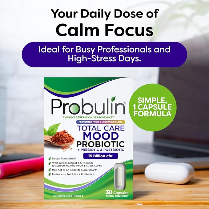 Probulin Mood Probiotics for Women with Saffron L Theanine Probiotic Prebiotic Postbiotic - Mood Support Supplement &amp Gut Support - Vegan Non GMO 30 Capsules