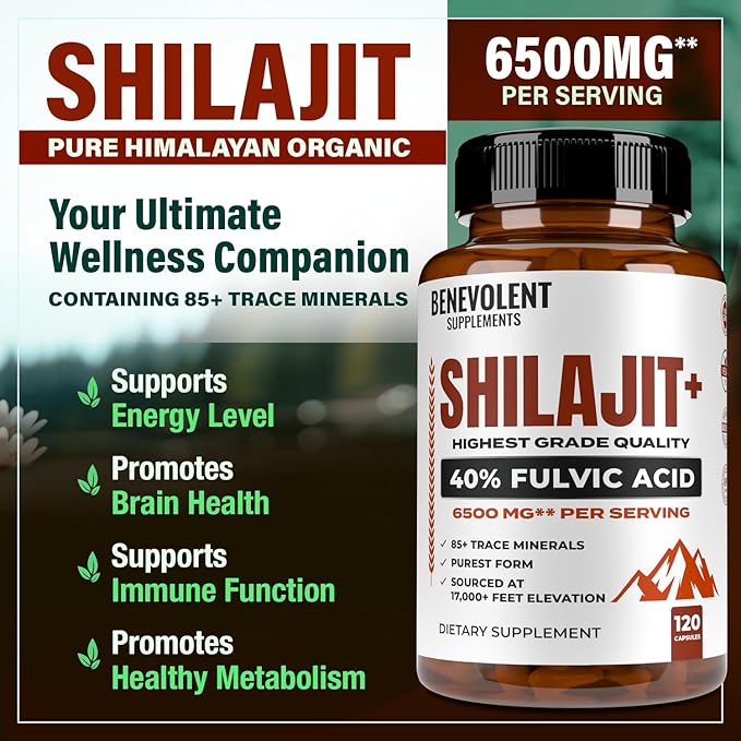 6500mg Shilajit for Men with 40% Fulvic Acid (High Absorption) | Shilajit Mineral Supplement with 85+ Trace Minerals for Energy Performance &amp Immune Health - 120 Capsules