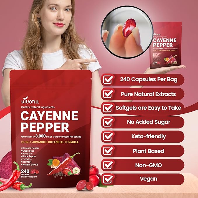 Cayenne Pepper Softgels Supplement with Vitamin E D3+K2 and Extracts of Turmeric Grape Seed Hawthorn Beetroot Berberine and Others Supports Leg Vein Heart and Blood Vessel Health (2 Pack)