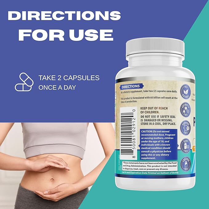 Probiotic 60 Billion CFU/g | Immune Digestive &amp Gut Health Support | Supports Constipation Gas &amp Bloating | All Natural Dairy Free Soy Free | 60 Capsules | Made in The USA.