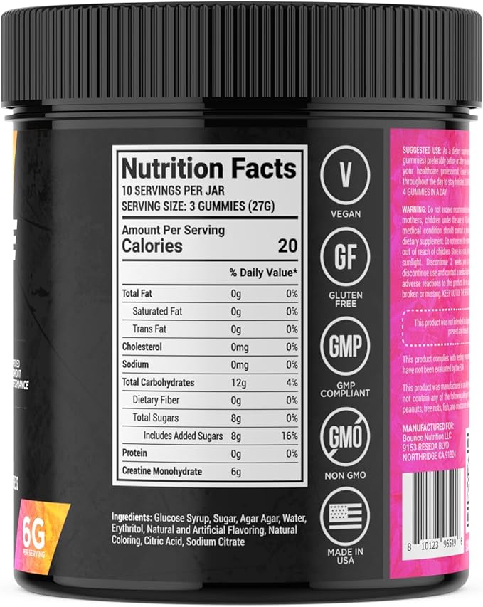 Bounce Pro Creatine Monohydrate Gummies for Men &amp Women Low Calorie 6G of Creatine per Serving Vegan Anti-Melting Gluten-Free Non-GMO 2g of Creatine per Gummy (30ct Peach Rings)