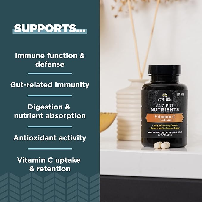 Ancient Nutrition Probiotics and Vitamin C Supplement Supports Healthy Immune System and Gut Health Made Without GMOs Superfoods Supplement Paleo and Keto Friendly 30 Servings