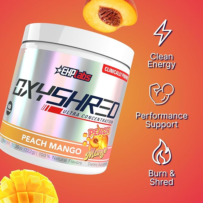 EHP Labs OxyShred Pre Workout Powder - Preworkout Powder with L Glutamine &amp Acetyl L Carnitine Energy Boost Drink - Peach Mango 60 Servings