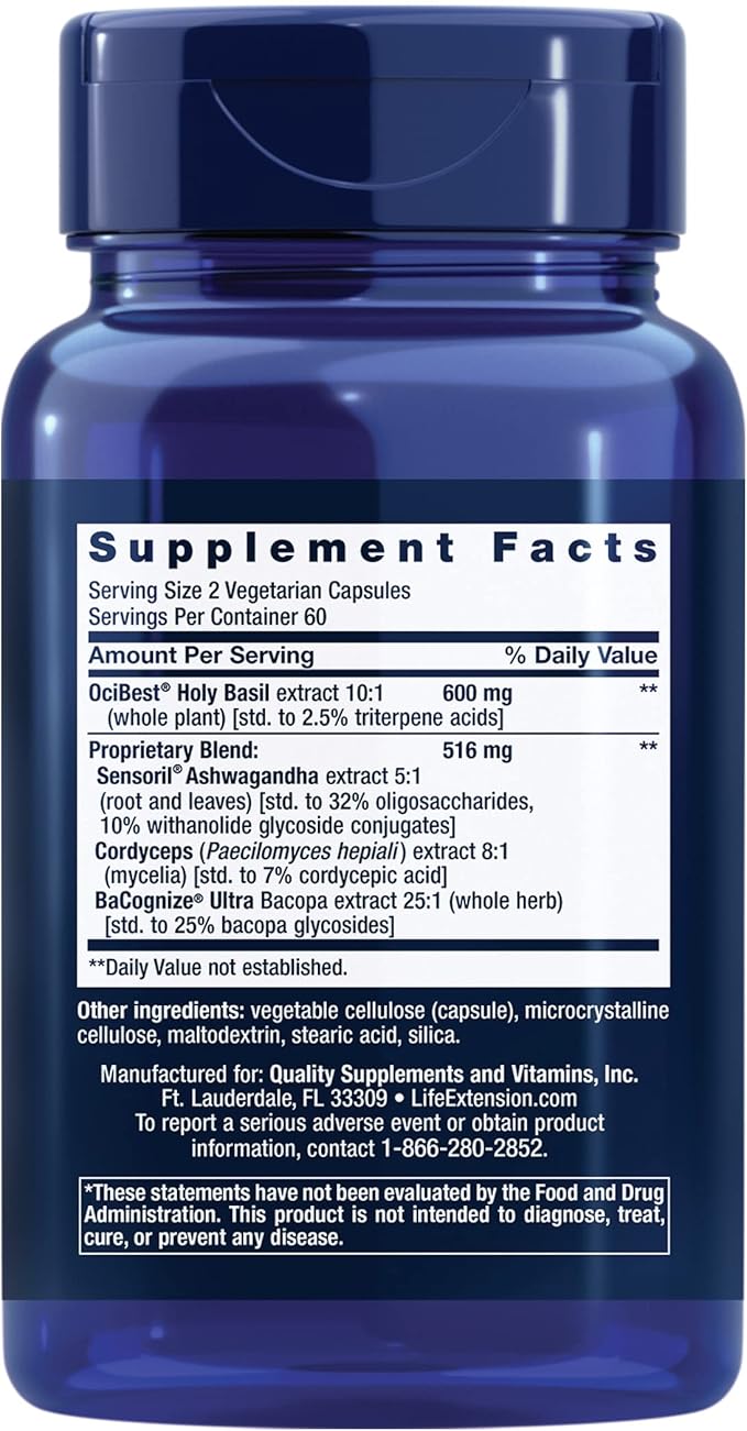 Life Extension Adrenal Energy Formula Helps inhibit the Effects of Stress holy Basil cordyceps bacopa and ashwagandha Gluten Free Non-GMO Vegetarian 120 Capsules