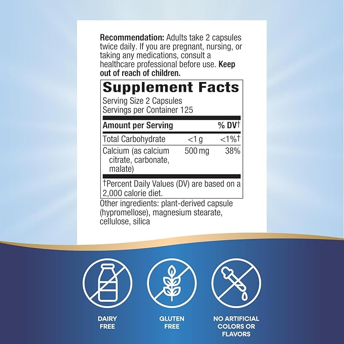Nature's Way Calcium Citrate 500 mg Calcium per 2-Capsule Serving for Bone Health &amp Muscle Function* Blend of Citrate Carbonate &amp Malate Gluten Free 250 Capsules (Packaging May Vary)