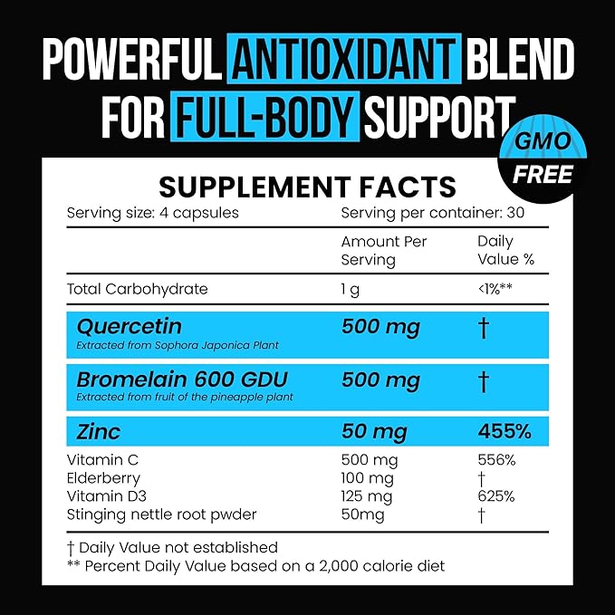 VitaRaw Quercetin with Bromelain 500mg Capsules Supports Immune Response Joint Comfort &amp Overall Wellness - Vitamin C Zinc 50mg &amp Vitamin D3 5000 IU - Immunity Health Pills