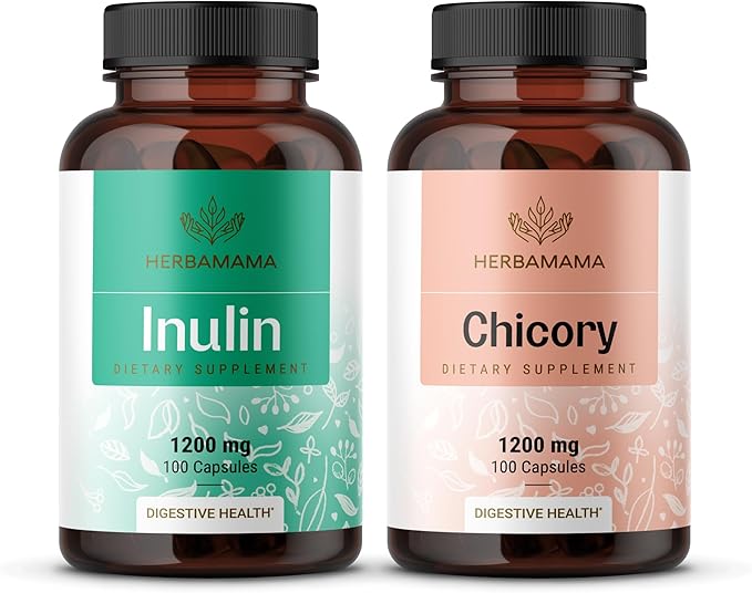 HERBAMAMA Inulin and Chicory Kit - Bundle of 1200 mg Inulin Fiber &amp 1200 mg Chicory Root Capsules - Vegan Non-GMO Gelatinl-Free - 2 Pack