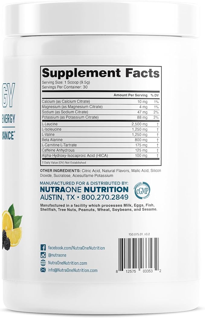 NutraOne Amino Energy BCAA Powder Pre-Workout Supplement with Caffeine Branched Chain Amino Acids to Help Fuel and Recover* (Berry Lemonade - 30 Servings)