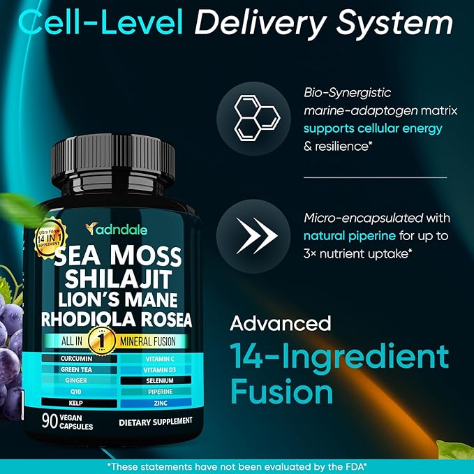 Adndale SeaMoss Shilajit Combo - Sea Moss and Shilajit Bundle with Lion's Mane CoQ10 Rhodiola Rosea Capsules - 90 Count