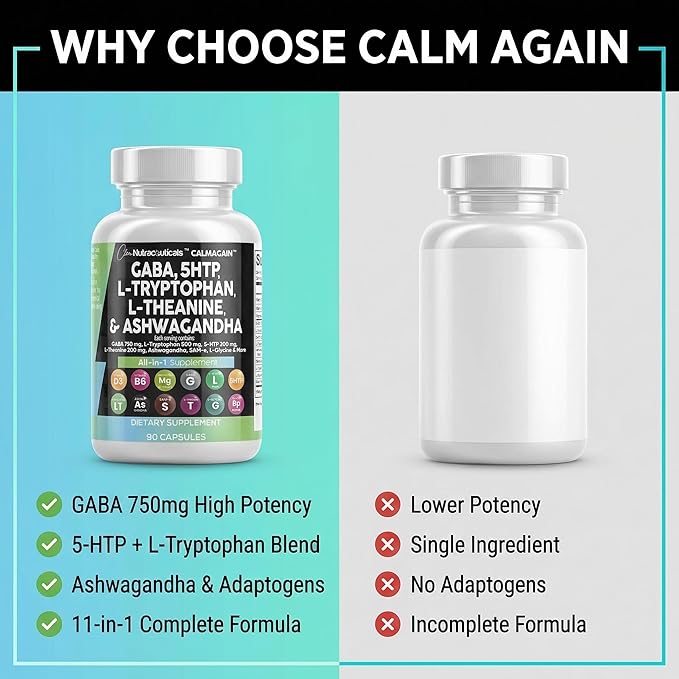 Clean Nutraceuticals GABA 750mg 5 HTP 200mg L Tryptophan 500mg L Theanine 200mg Ashwagandha SAM-e L-Glycine - Mood Support Vitamins for Women and Men with L-Tyrosine 5-HTP (5-Hydroxytryptophan)