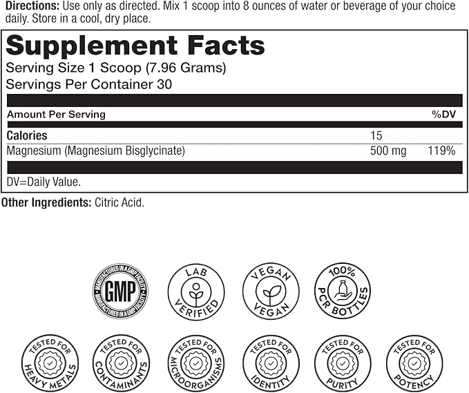 SOLARAY Magnesium Glycinate 500mg Powder - Extra Strength Unflavored Magnesium Supplement for Bone Muscle and Relaxation Support - Vegan Gluten Free Non-GMO 60-Day Guarantee - 30 Servings 8.4 OZ