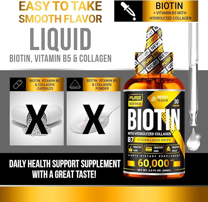 PURE RESEARCH Liquid Biotin &amp Collagen Hair Growth Drops 60000mcg – Biotin and Liquid Collagen Supplements for Women &amp Men – Supports Glowing Skin Healthy Hair &amp Nail Growth (2Fl Oz)