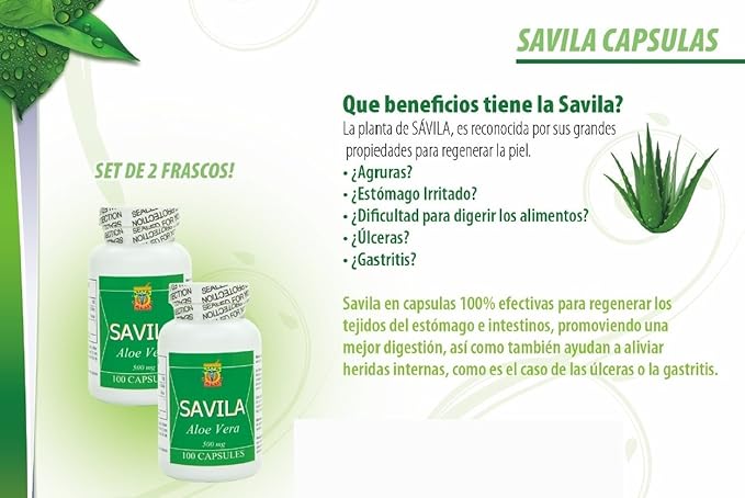 Nutrisalud Products Capsulas de Savila Aloe Vera Capsules 500mg. Set de 2 frascos 100 capsulas CADA uno.Efectivo Contra ulcerasagrurasmala DigestionColitisestreñimiento.Dura mas de 3 Meses.