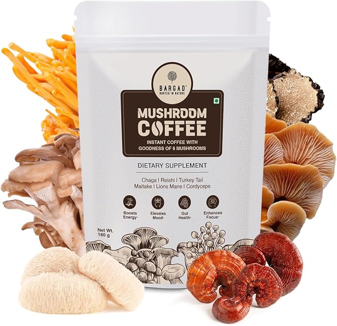 Bargad Mushroom Coffee | 6 Adaptogen Mushrooms | Premium Instant Coffee with Benefits of Lion's Mane Chaga &amp Turkey Tail for Better Focus Immune Support Energy Digestion &amp Skin | 30 Servin
