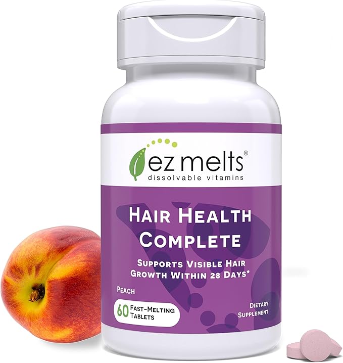 EZ Melts Hair Health Complete - Hair Supplement to Support Strength &amp Growth - Includes AnaGain Nu Biotin Apigenin Bambo Silica &amp More - 60 Sublingual Tablets (30 Servings)