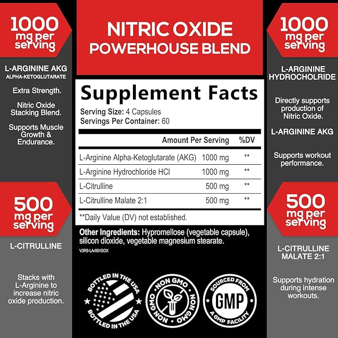 Extra Strength Nitric Oxide Booster - 3X Strength L-Arginine AKG &amp Citrulline Malate - Men &amp Women Premium Pre Workout Nitric Booster - Natural Energy &amp Muscle Support Bottled in USA - 24