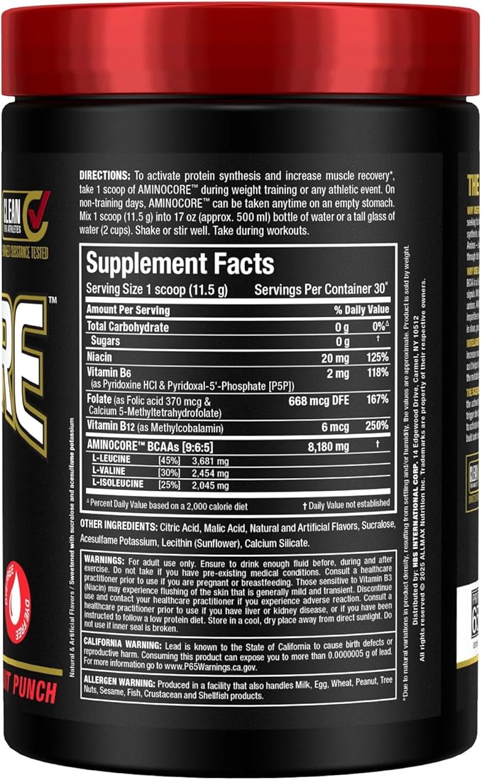 ALLMAX AMINOCORE BCAA Powder for Workout Muscle Recovery &amp Increased Endurance - Sugar Free No Fillers 8.18 Grams Bcaas Amino Acids B Vitamins for Women and Men - 30 Servings | Fruit Punch 345g