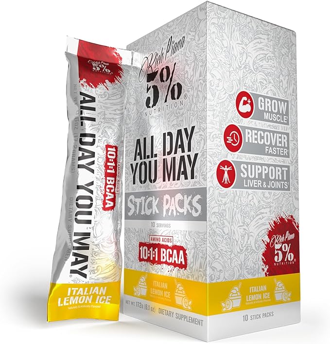 5% Nutrition Rich Piana AllDayYouMay BCAA Powder Stick Packs | Hydration Powder Packets | Electrolyte Drink Mix | Muscle Endurance &amp Recovery | Vegan &amp Keto | (Italian Lemon Ice) (10 Count)