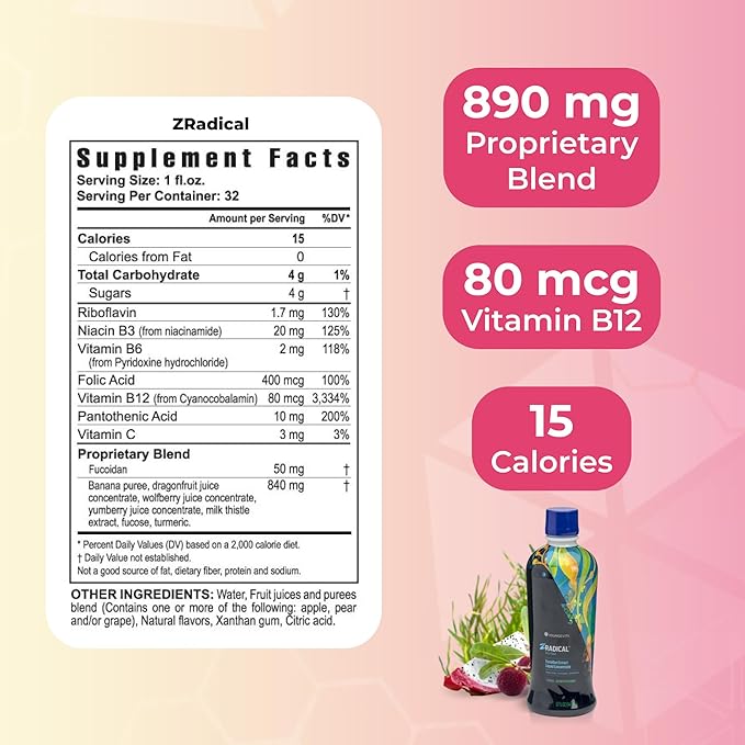 Youngevity ZRadical™ Fucoidan - Organic Maritech Fucoidan Extract &amp Cofactors (Vitamin C B12 B6 Dragonfruit Wolfberry Milk Thistle) - Immune Support - Super Antioxidant 32 Fl Oz (Pack of 1)