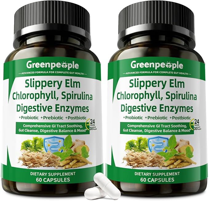 GREENPEOPLE Digestive Enzymes for Women &amp Men-Ultra Gut Health &amp Cleanse With Slippery Elm Chlorophyll Spirulina Probiotics Complex-Complete Gut Supplement for Mood &amp Relaxation Gentle