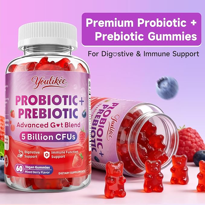 2 Pack Prebiotic + Probiotic Gummies for Women and Men Probiotic Gummies Supports Gut Health 5 Billion CFUs with Fibers Vegan Sugar-Free 120 Count