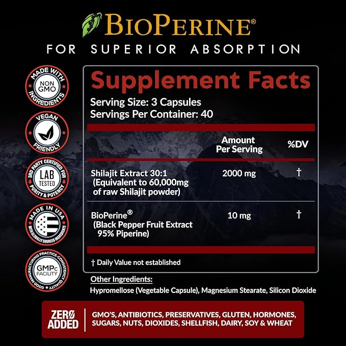 Pure Himalayan Shilajit Capsules Supplement (2010mg + Absorption Enhancer+50% Fulvic Acid) Natural 30:1 Shilajit with 85+ Trace Minerals for Energy Performance Immune Support| Non GMO| 120 Pills
