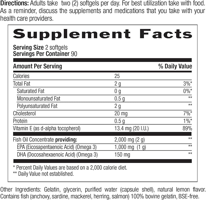 Country Life Omega 3 Fish Oil Supplement - High Concentration EPA and DHA Omega 3 Fatty Acids - 2000mg Fish Oil for Emotional Health Mood Support and No Fish Taste - Natural Lemon Flavor